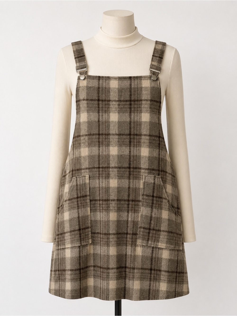 Pink Lily “Change In The Air” tan plaid jumper dress in women’s size Large.